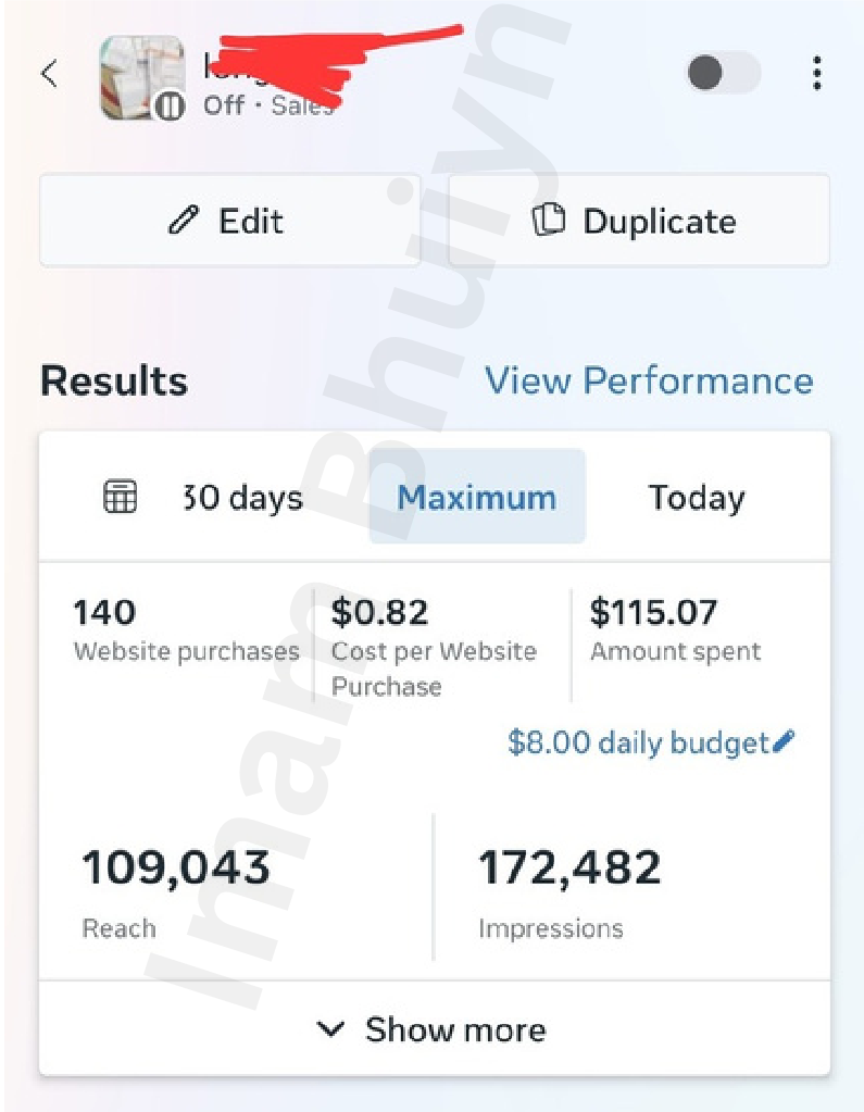 140 purchases @ $0.82 · 109K reach